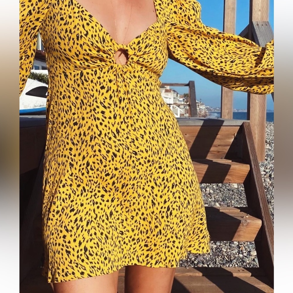 AFRM Long Sleeve Mini Babydoll Dress in Golden Yellow Lola Leopard NWT